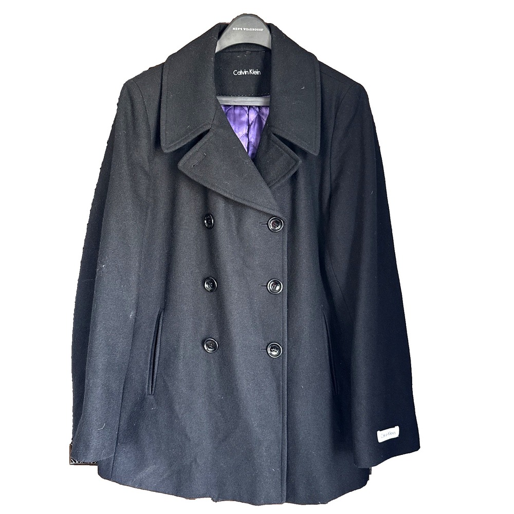 Calvin Klein Womens Black Wool Blend Pea Coat XL Double Breasted Mid-Length